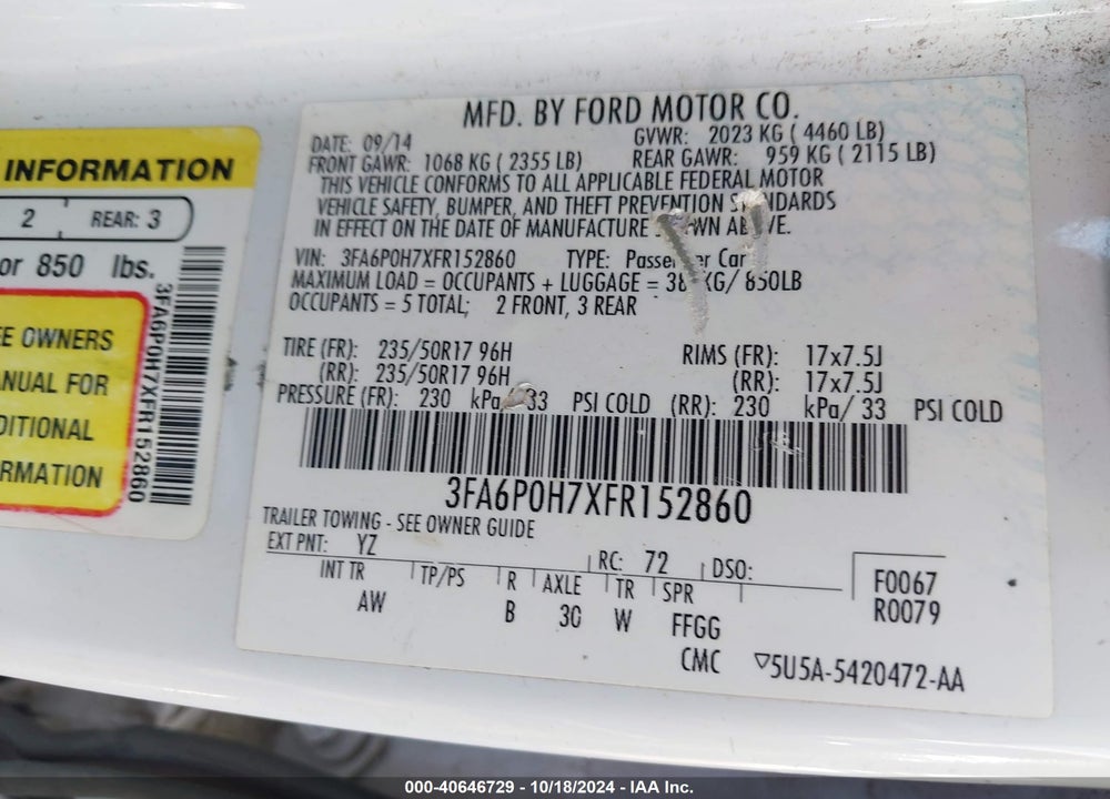2015 FORD FUSION SE VIN: 3FA6P0H7XFR152860