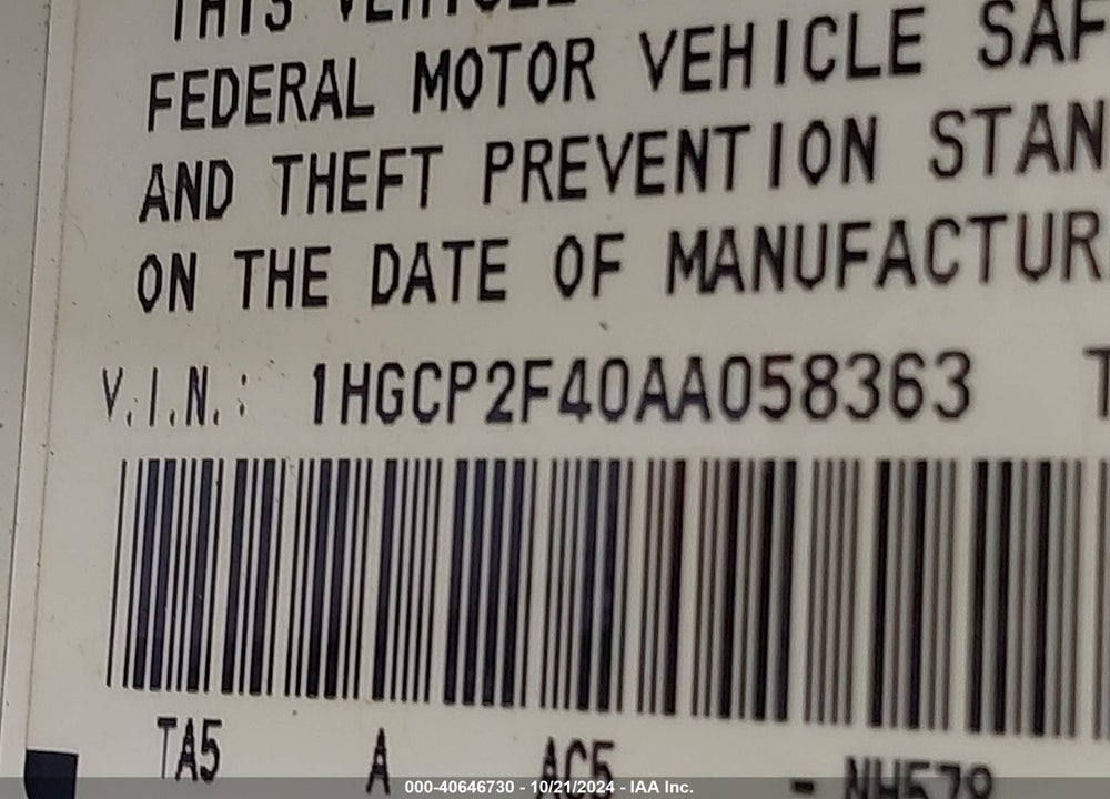 2010 HONDA ACCORD 2.4 LX-P VIN: 1HGCP2F40AA058363