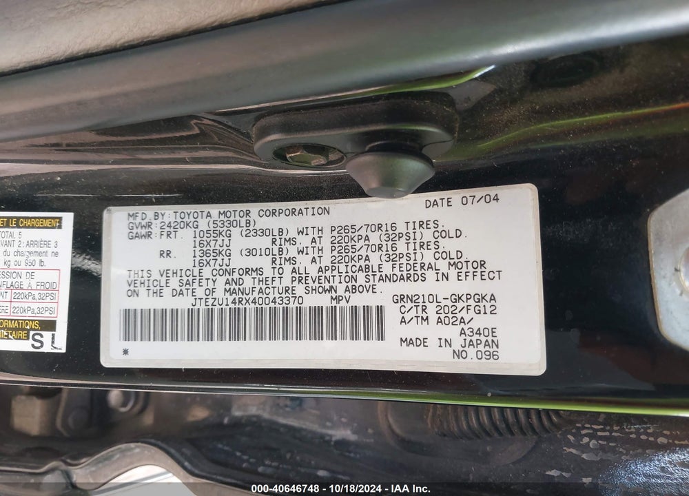 2004 TOYOTA 4RUNNER SR5 V6 VIN: JTEZU14RX40043370