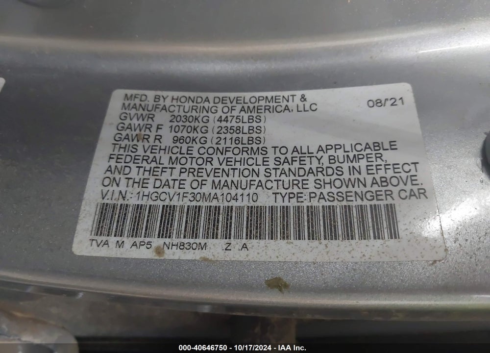 2021 HONDA ACCORD SPORT VIN: 1HGCV1F30MA104110