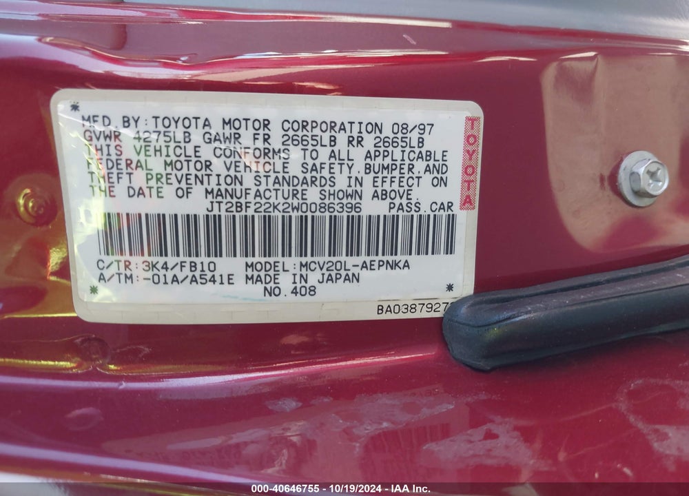 1998 TOYOTA CAMRY VIN: JT2BF22K2W0086396