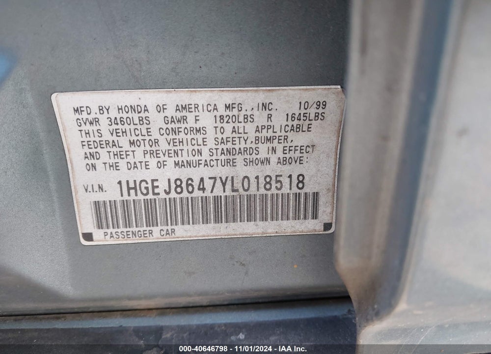 2000 HONDA CIVIC EX VIN: 1HGEJ8647YL018518