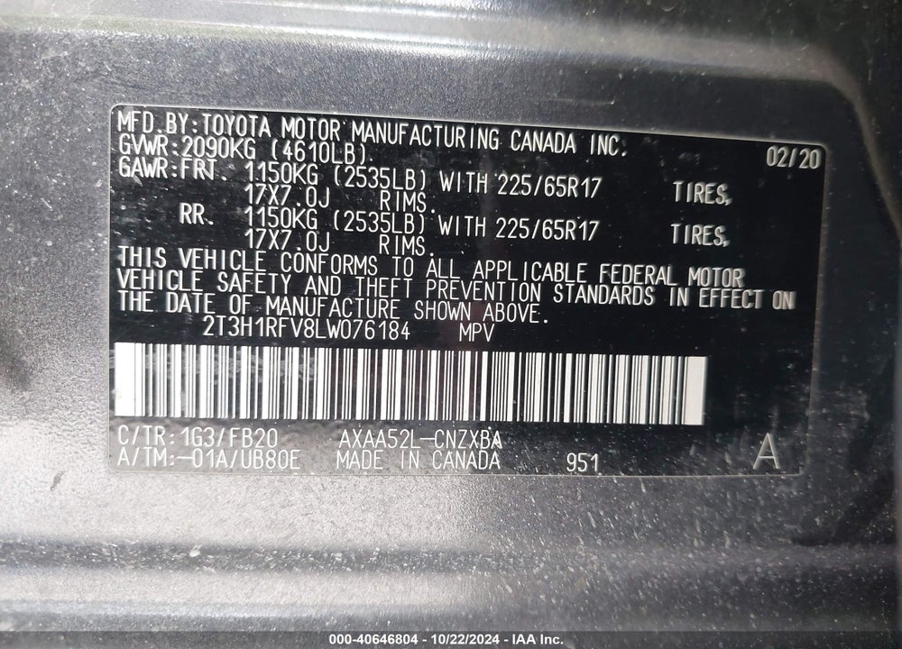 2020 TOYOTA RAV4 LE VIN: 2T3H1RFV8LW076184