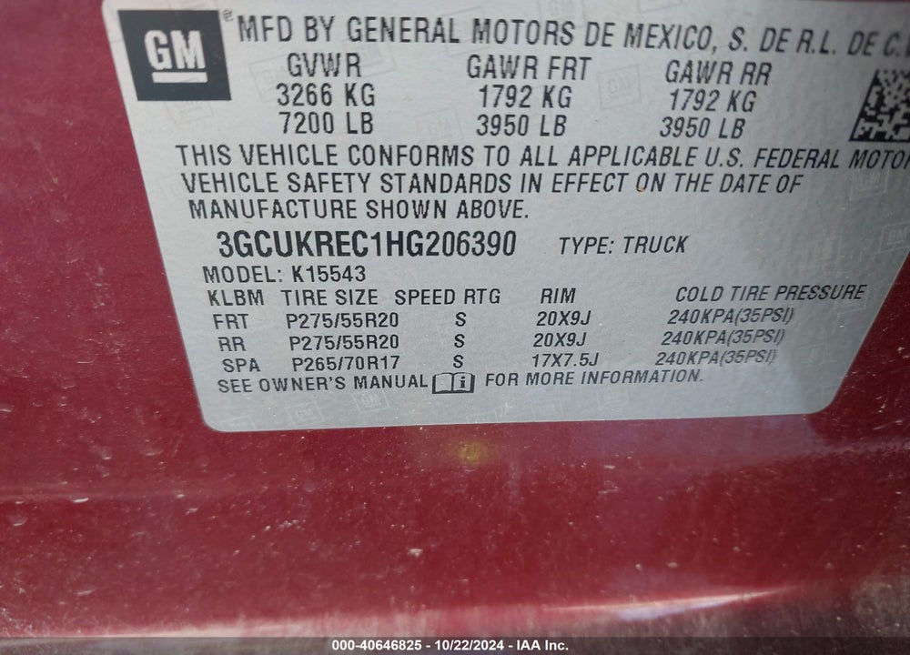 2017 CHEVROLET SILVERADO 1500 2LT VIN: 3GCUKREC1HG206390