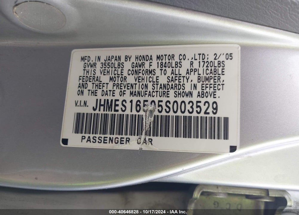 2005 HONDA CIVIC LX VIN: JHMES16595S003529