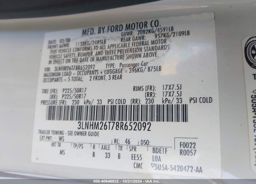 2008 LINCOLN MKZ VIN: 3LNHM26T78R652092