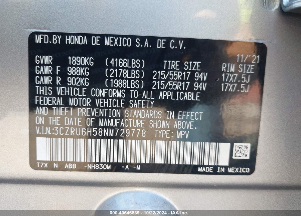 2022 HONDA HR-V AWD EX VIN: 3CZRU6H58NM729778