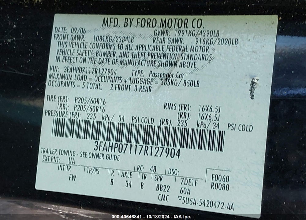2007 FORD FUSION SE VIN: 3FAHP07117R127904