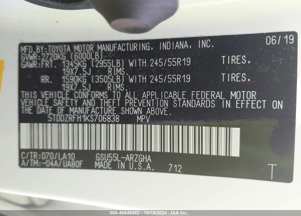 2019 TOYOTA HIGHLANDER LIMITED/PLATINUM VIN: 5TDDZRFH1KS706838