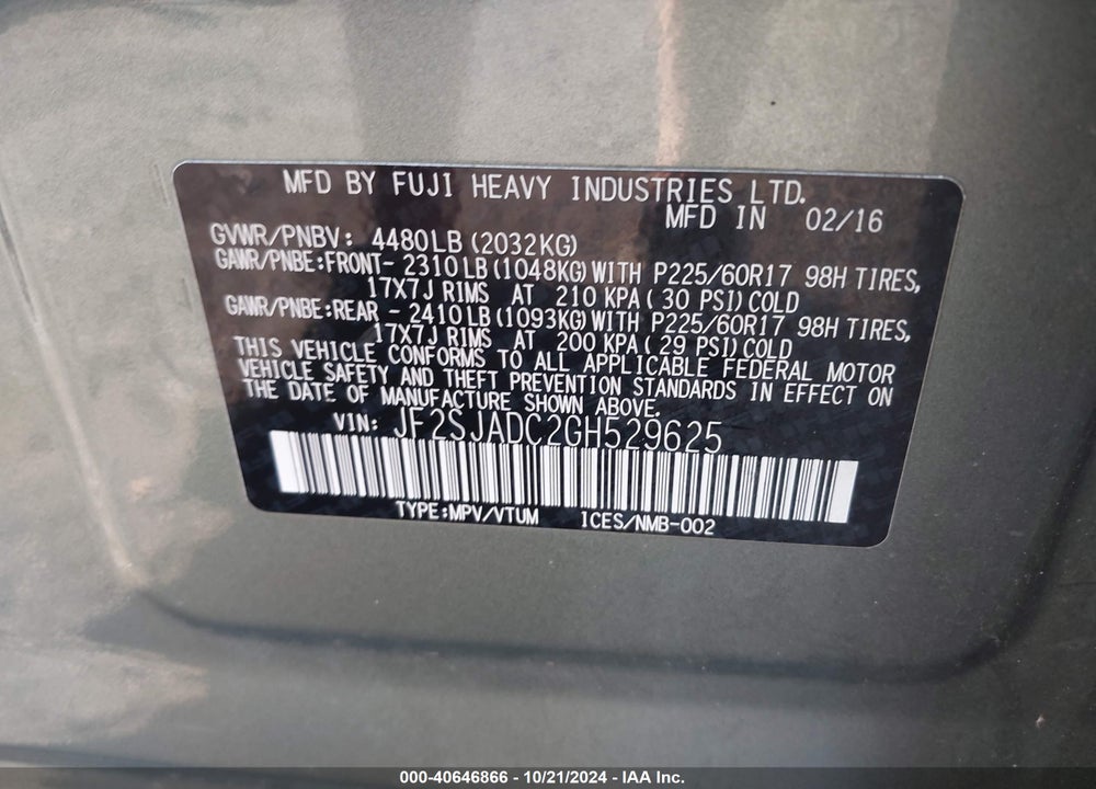2016 SUBARU FORESTER 2.5I PREMIUM VIN: JF2SJADC2GH529625
