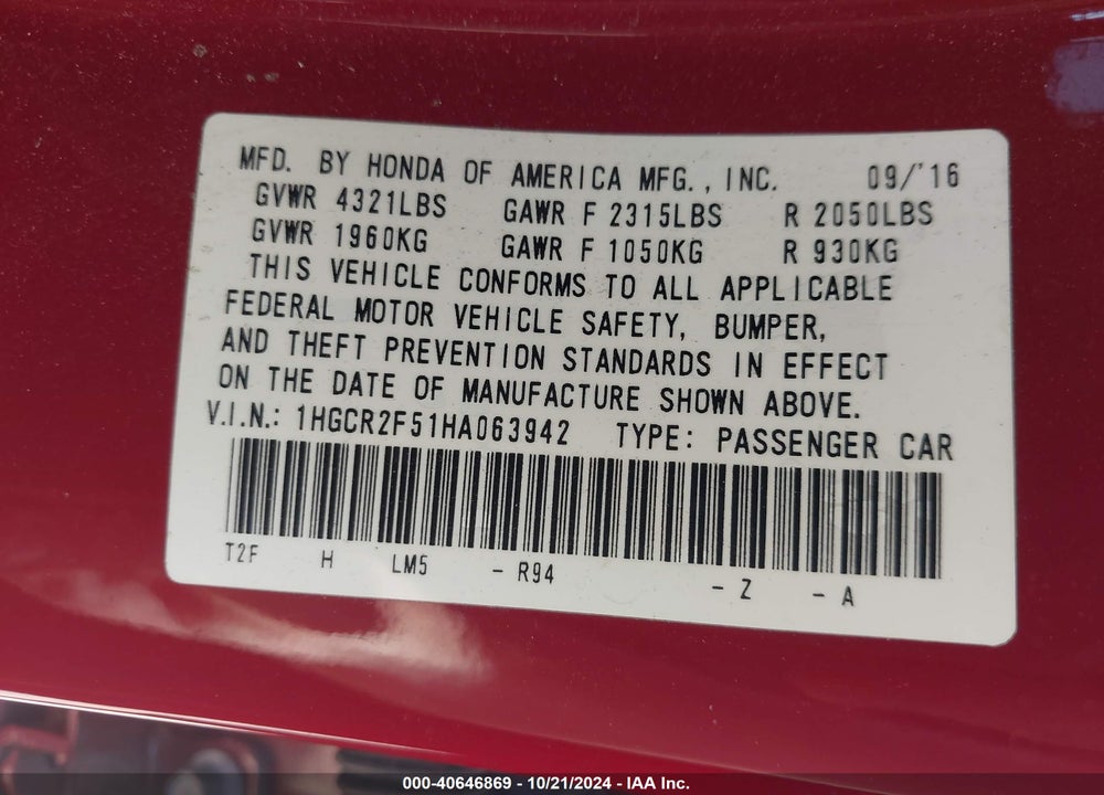 2017 HONDA ACCORD SPORT VIN: 1HGCR2F51HA063942