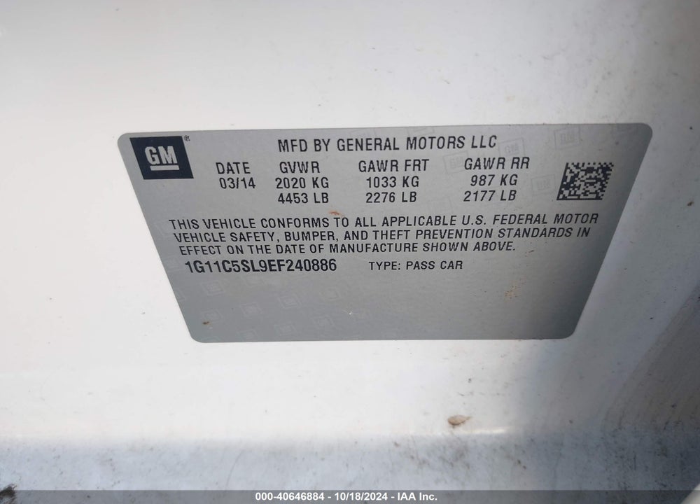 2014 CHEVROLET MALIBU VIN: 1G11C5SL9EF240886