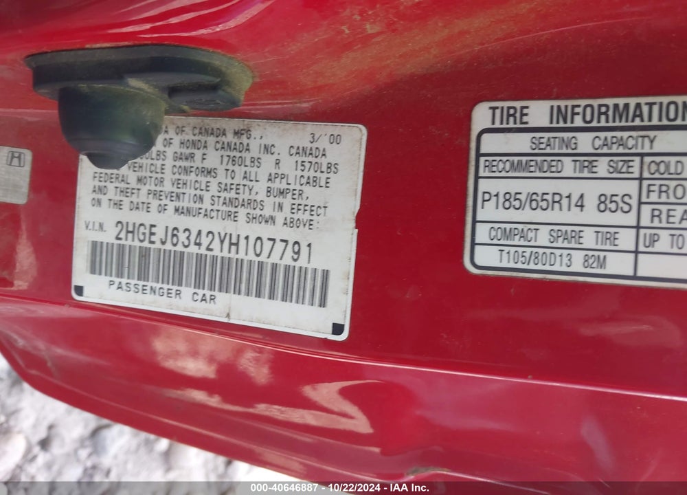 2000 HONDA CIVIC DX VIN: 2HGEJ6342YH107791