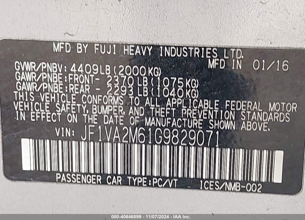 2016 SUBARU WRX STI VIN: JF1VA2M61G9829071