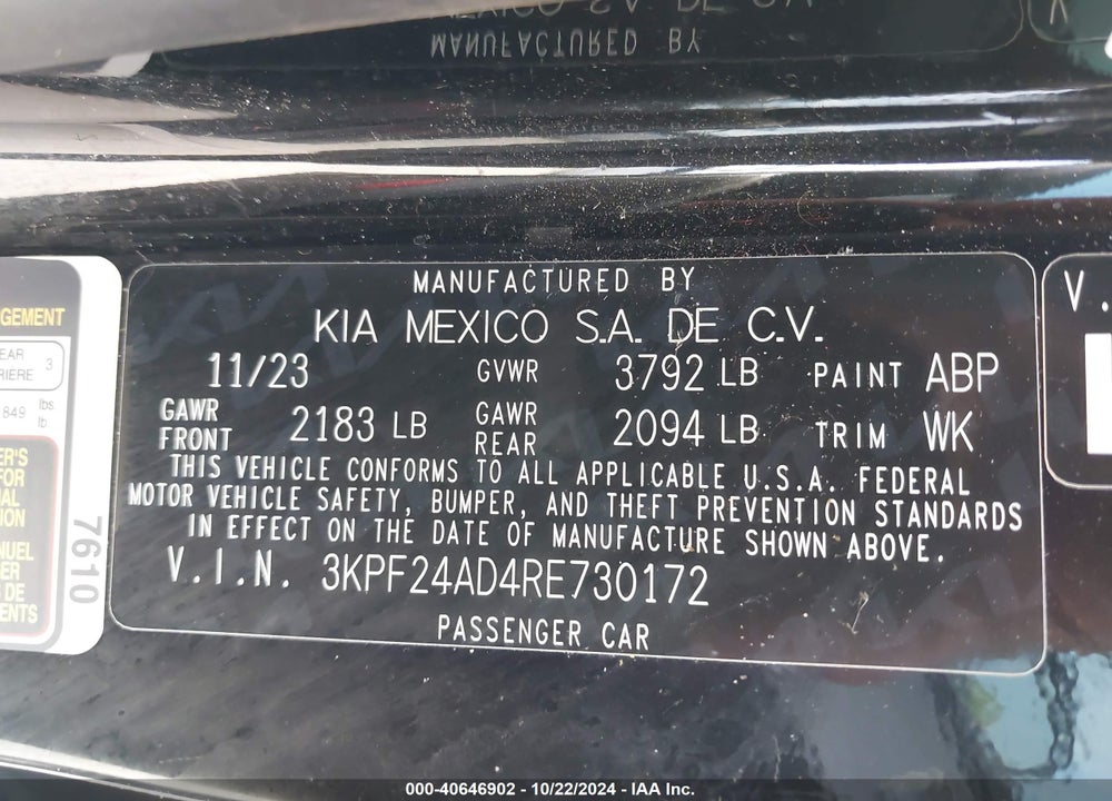 2024 KIA FORTE LXS VIN: 3KPF24AD4RE730172