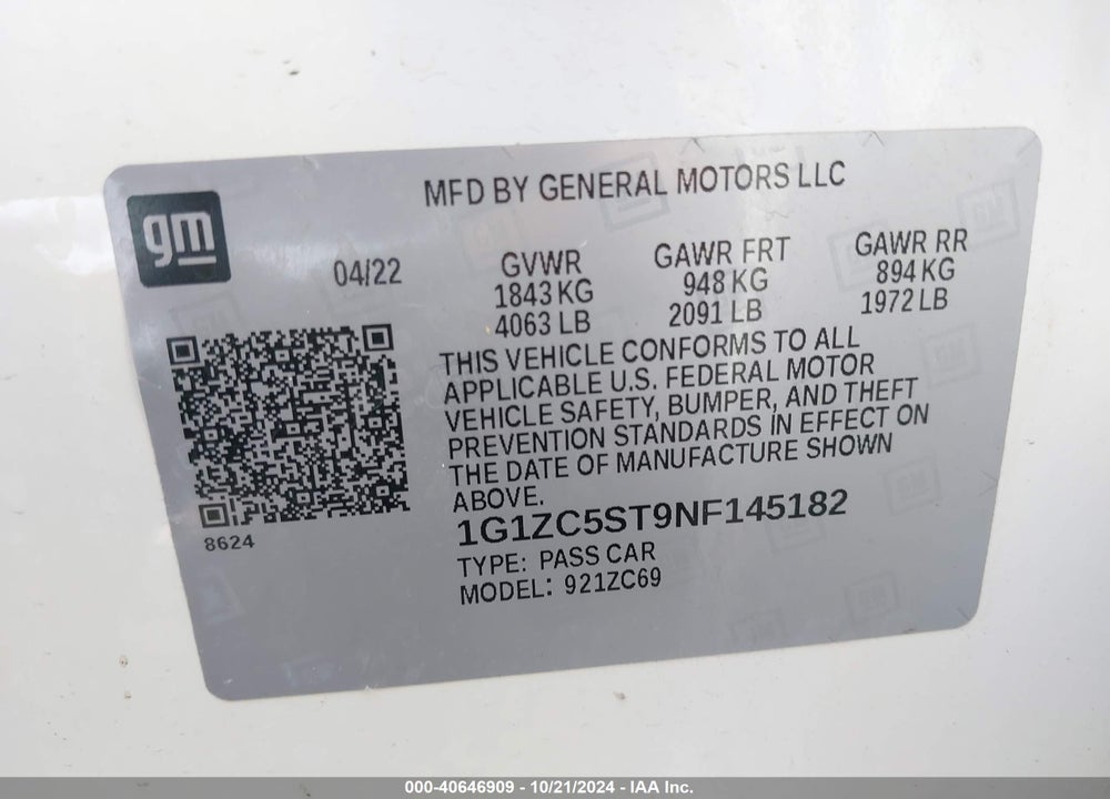 2022 CHEVROLET MALIBU FWD 1FL VIN: 1G1ZC5ST9NF145182