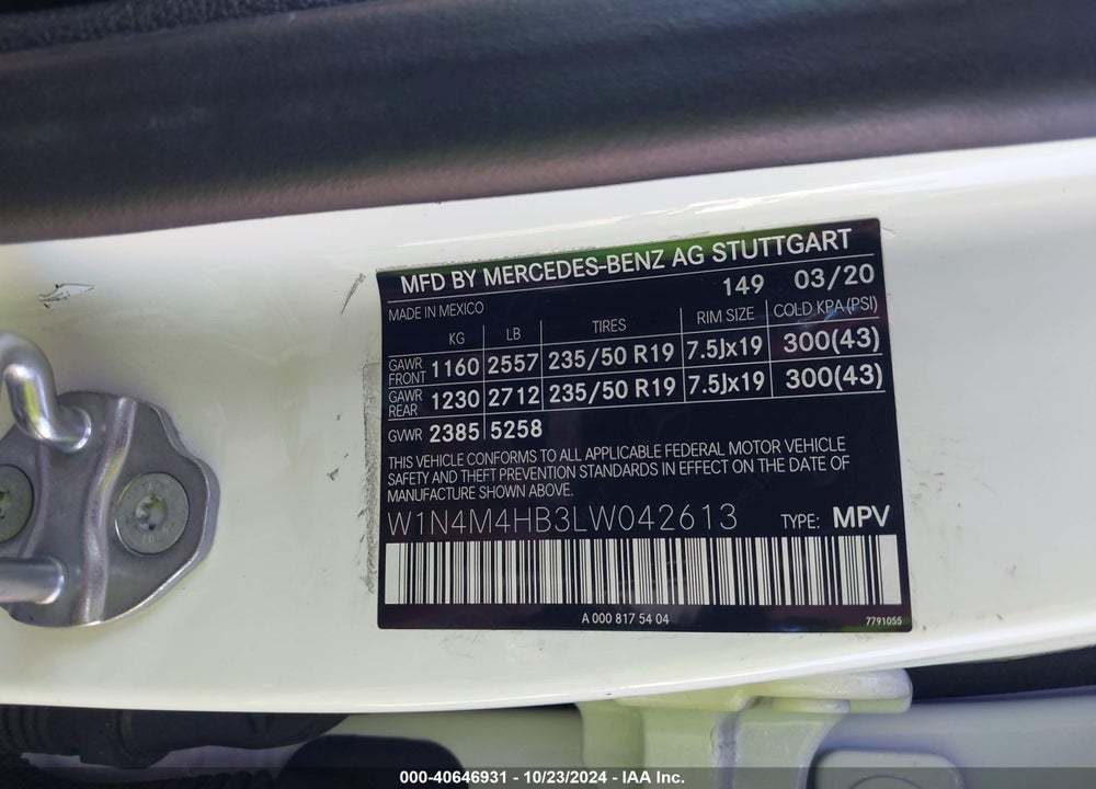 2020 MERCEDES-BENZ GLB 250 4MATIC VIN: W1N4M4HB3LW042613