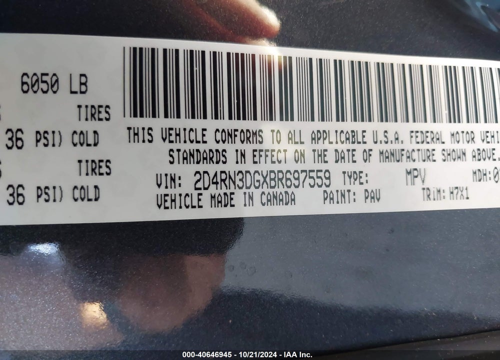 2011 DODGE GRAND CARAVAN MAINSTREET VIN: 2D4RN3DGXBR697559