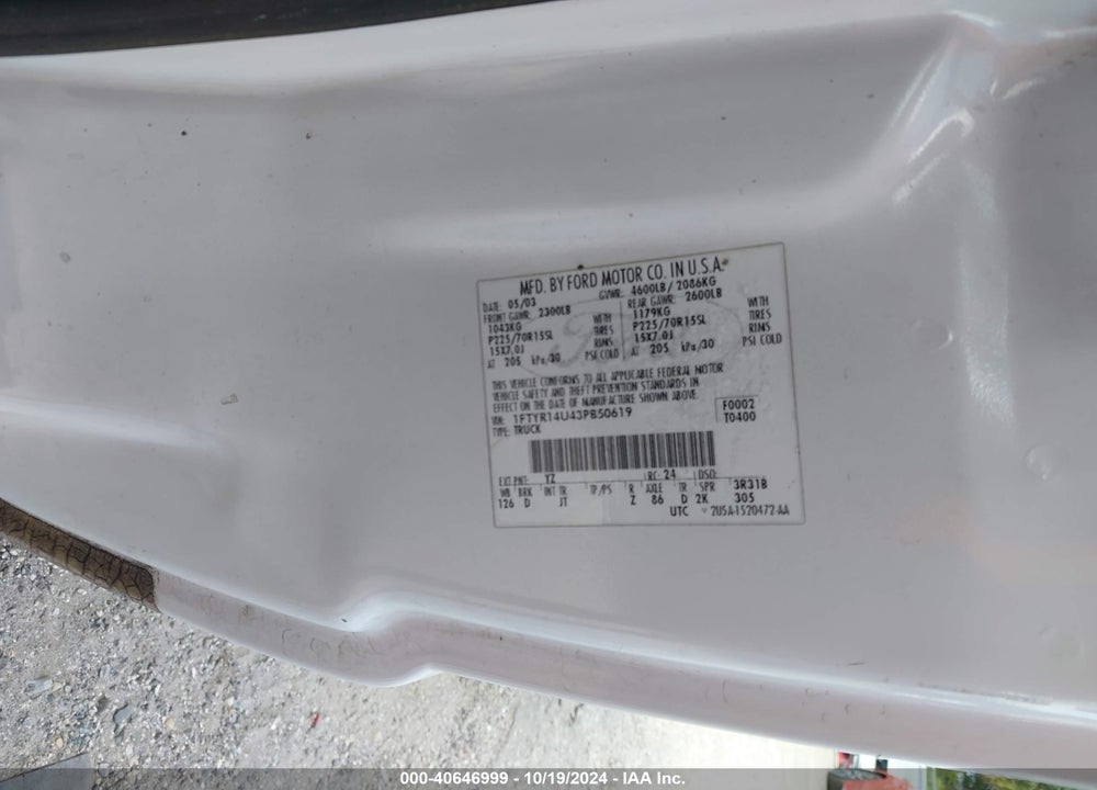 2003 FORD RANGER EDGE/TREMOR/XL/XLT VIN: 1FTYR14U43PB50619