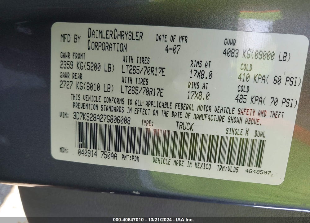 2007 DODGE RAM 2500 LARAMIE VIN: 3D7KS28A27G806008