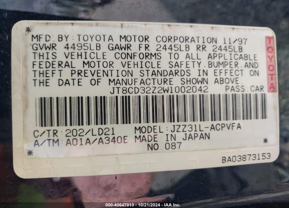 1998 LEXUS SC 300 VIN: JT8CD32Z2W1002042