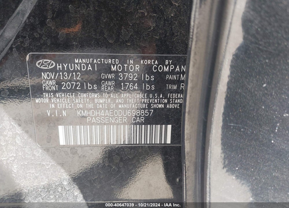 2013 HYUNDAI ELANTRA LIMITED VIN: KMHDH4AE0DU698857