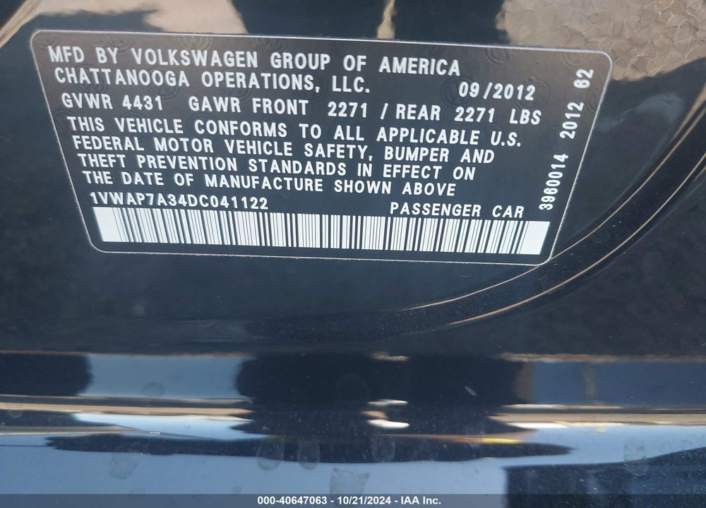 2013 VOLKSWAGEN PASSAT 2.5L S VIN: 1VWAP7A34DC041122