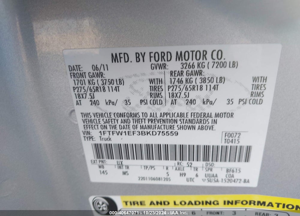 2011 FORD F-150 XLT VIN: 1FTFW1EF3BKD75559