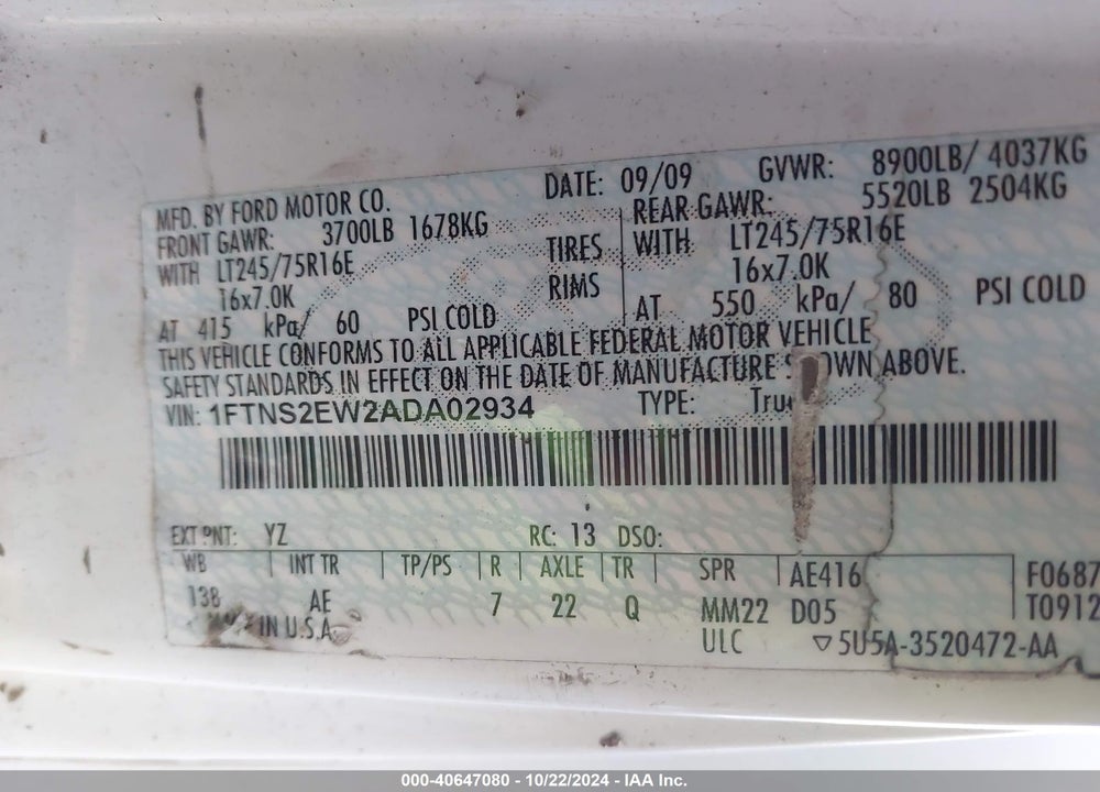 2010 FORD E-250 COMMERCIAL/RECREATIONAL VIN: 1FTNS2EW2ADA02934