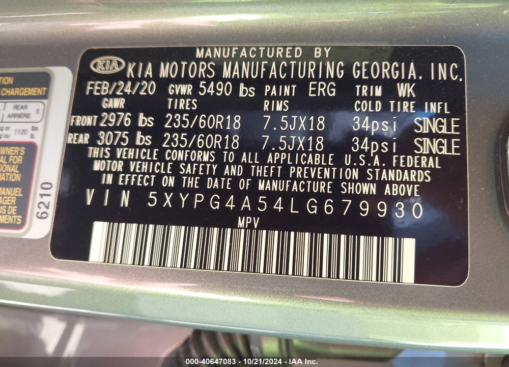 2020 KIA SORENTO 3.3L LX VIN: 5XYPG4A54LG679930