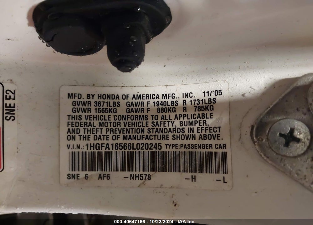 2006 HONDA CIVIC LX VIN: 1HGFA16566L020245