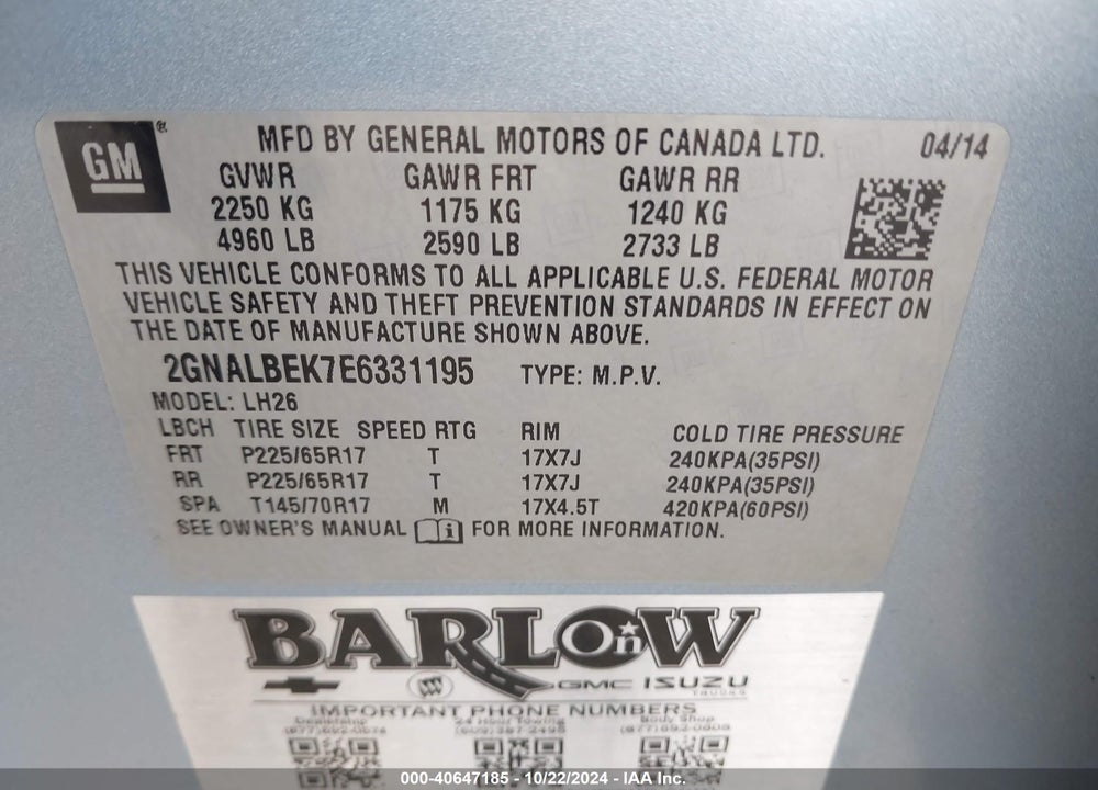2014 CHEVROLET EQUINOX 1LT VIN: 2GNALBEK7E6331195