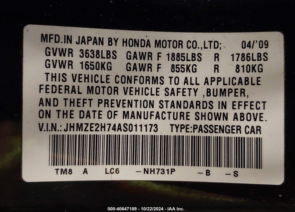 2010 HONDA INSIGHT EX VIN: JHMZE2H74AS011173