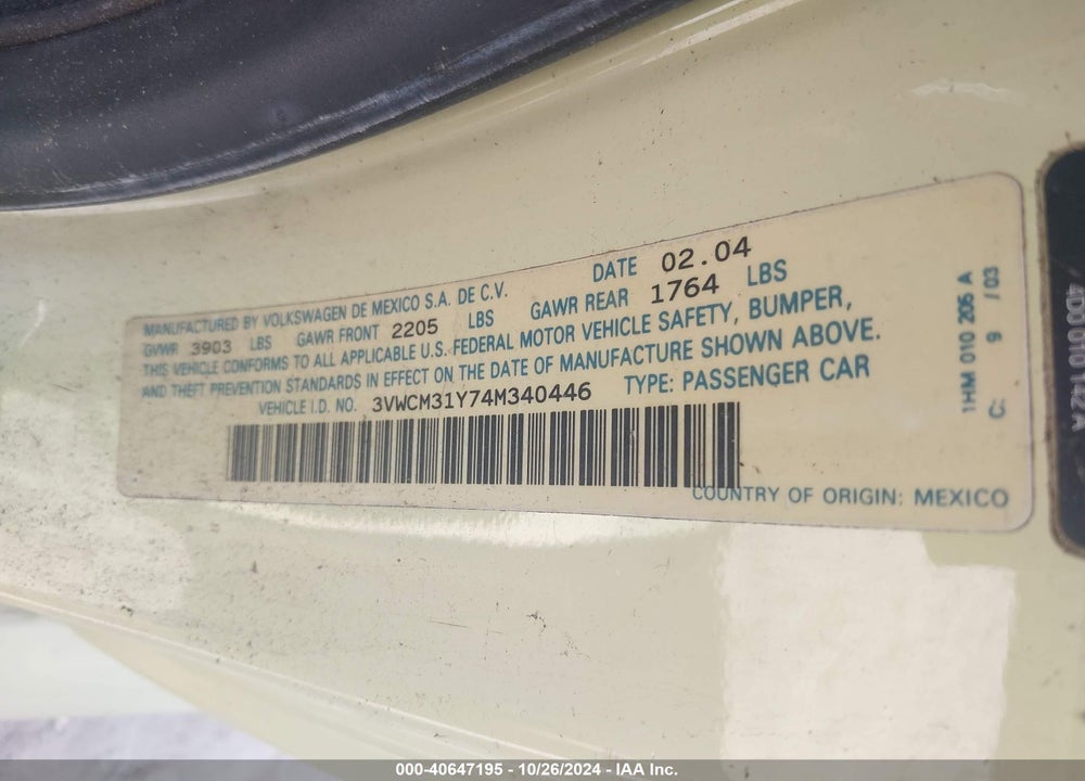 2004 VOLKSWAGEN NEW BEETLE GLS VIN: 3VWCM31Y74M340446