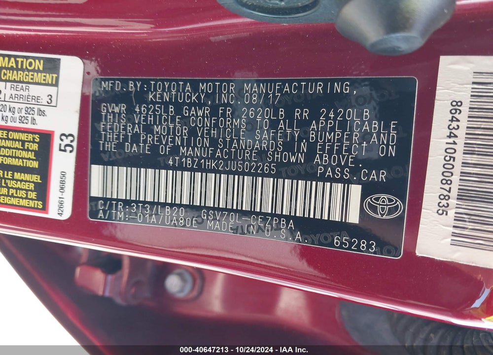 2018 TOYOTA CAMRY VIN: 4T1BZ1HK2JU502265
