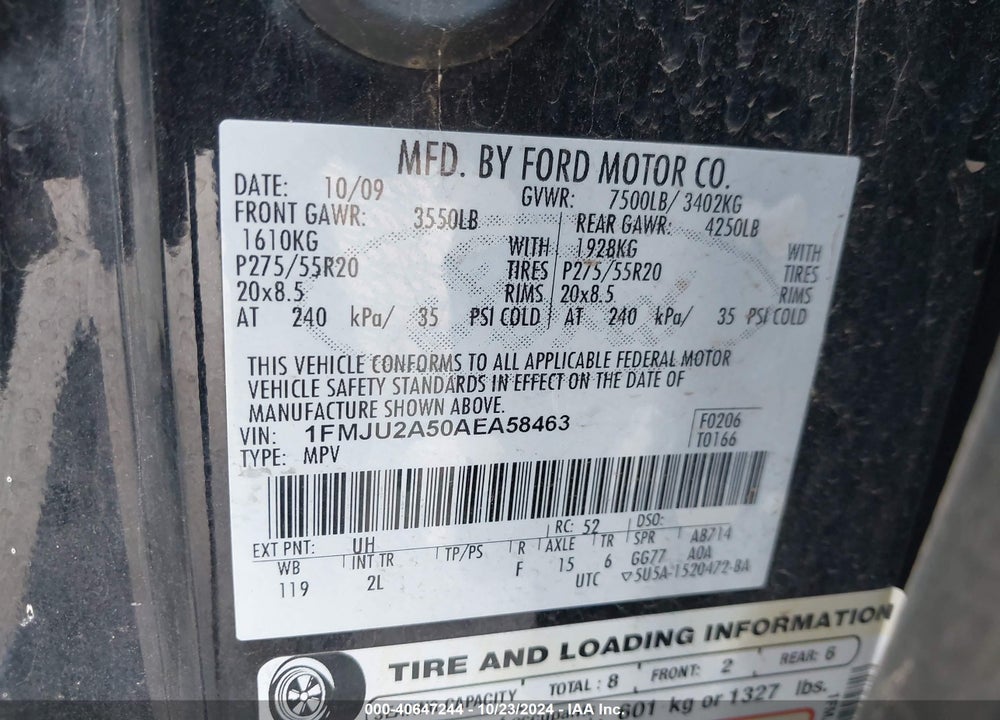 2010 FORD EXPEDITION LIMITED VIN: 1FMJU2A50AEA58463