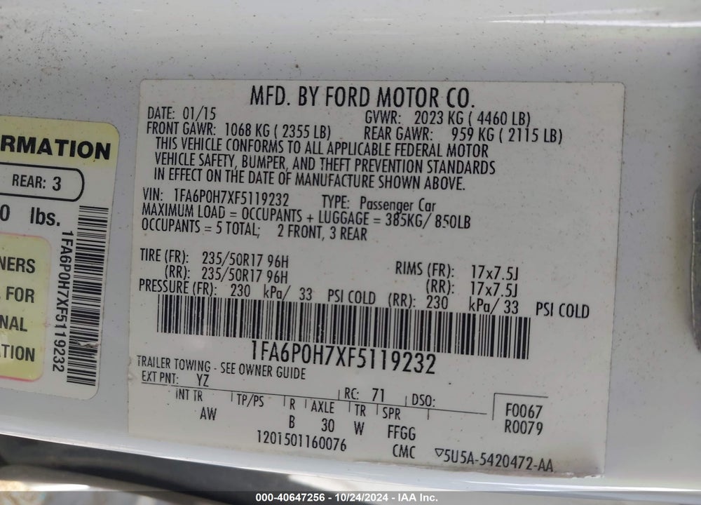 2015 FORD FUSION SE VIN: 1FA6P0H7XF5119232