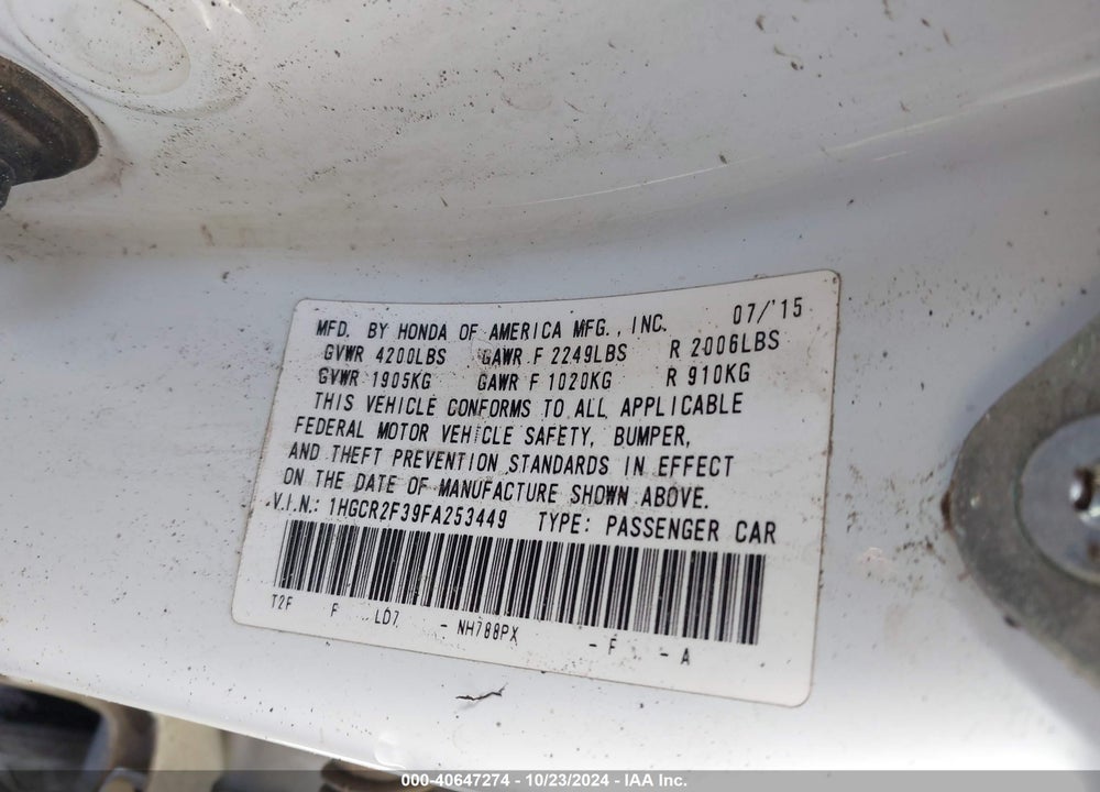 2015 HONDA ACCORD LX VIN: 1HGCR2F39FA253449