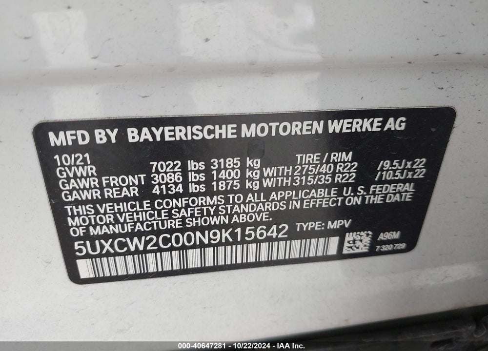 2022 BMW X7 XDRIVE40I VIN: 5UXCW2C00N9K15642