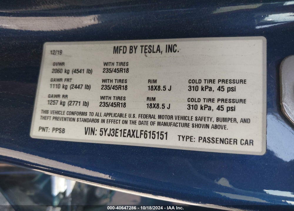 2020 TESLA MODEL 3 STANDARD RANGE PLUS REAR-WHEEL DRIVE/STANDARD RANGE REAR-WHEEL DRIVE VIN: 5YJ3E1EAXLF615151