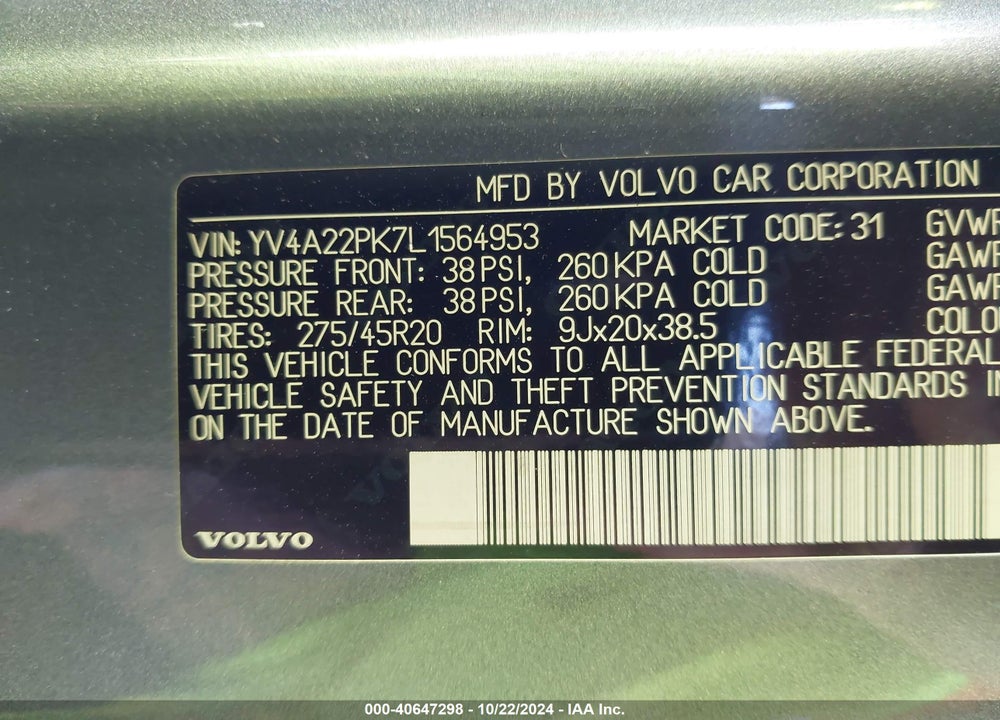 2020 VOLVO XC90 VIN: YV4A22PK7L1564953