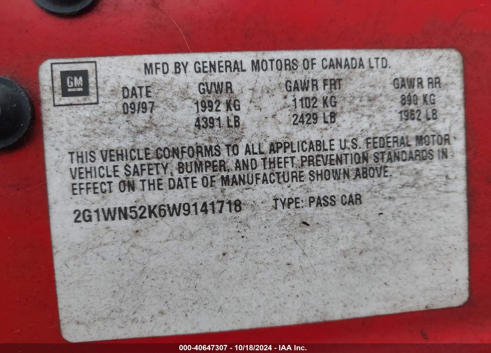 1998 CHEVROLET LUMINA LTZ VIN: 2G1WN52K6W9141718