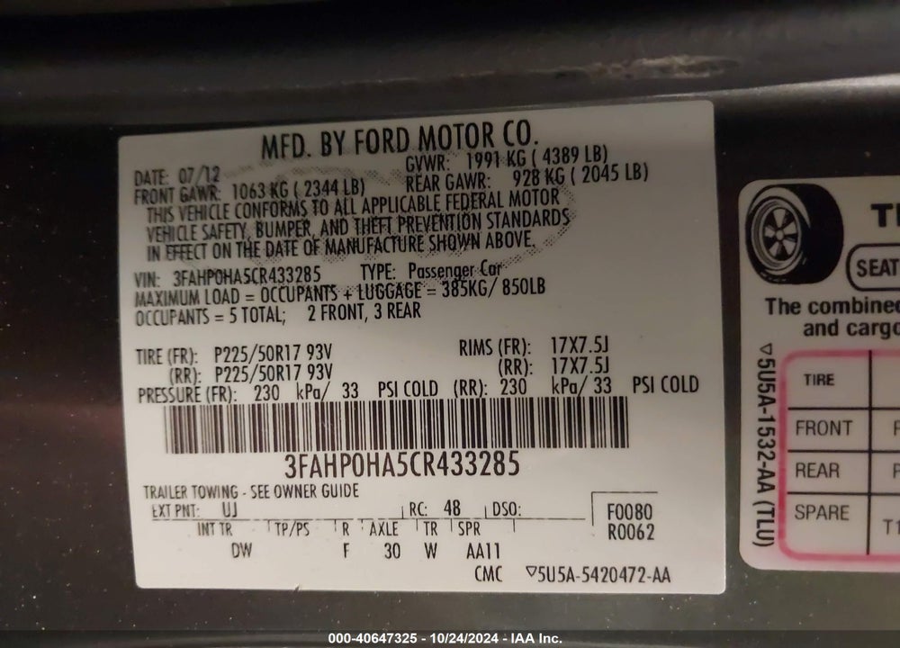 2012 FORD FUSION SE VIN: 3FAHP0HA5CR433285