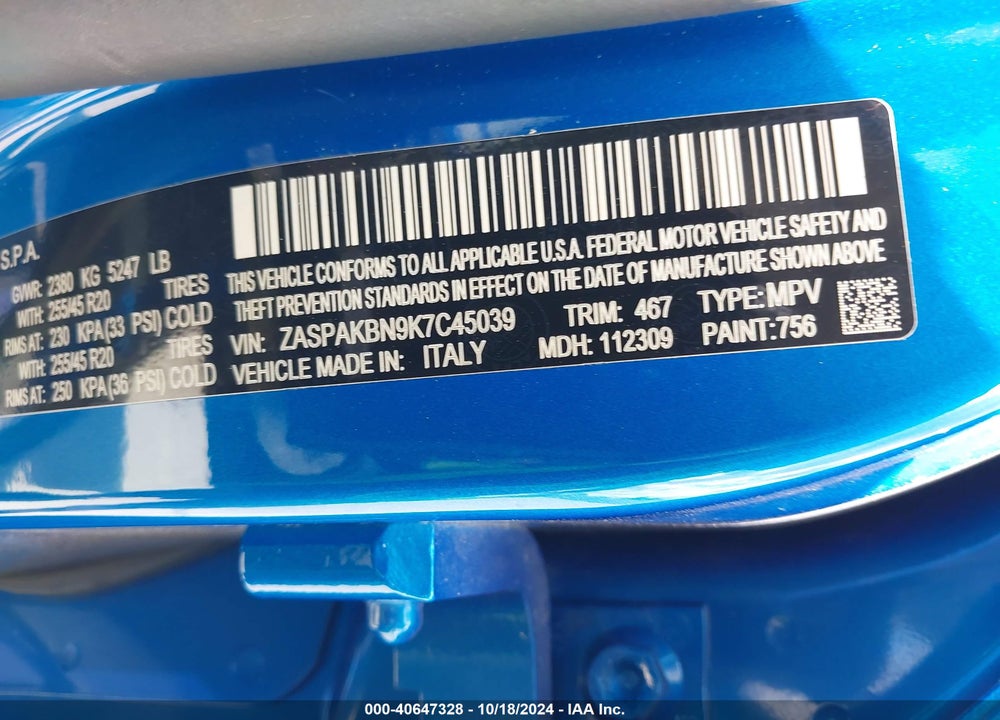 2019 ALFA ROMEO STELVIO TI SPORT AWD VIN: ZASPAKBN9K7C45039