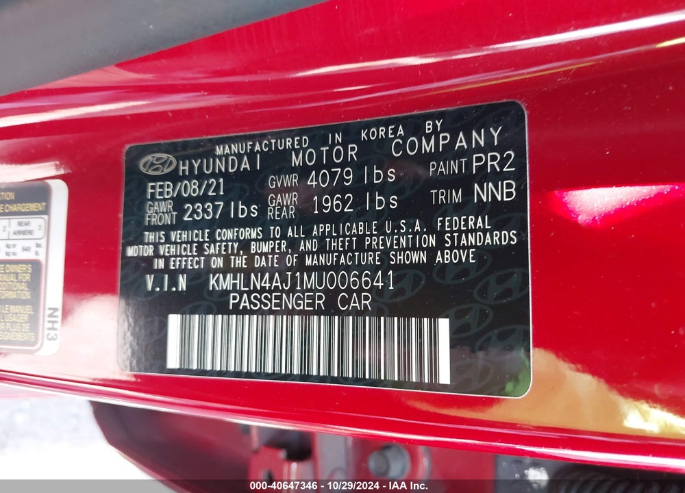 2021 HYUNDAI ELANTRA HYBRID LIMITED VIN: KMHLN4AJ1MU006641