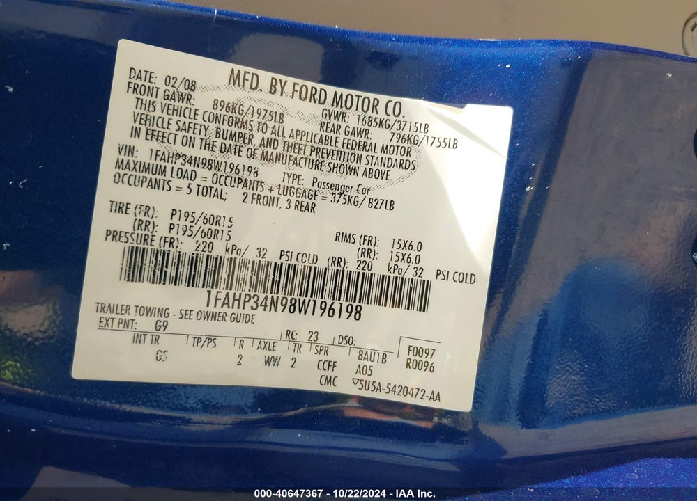 2008 FORD FOCUS S VIN: 1FAHP34N98W196198