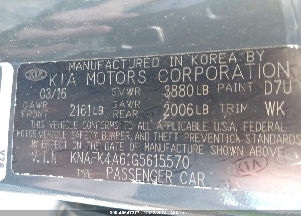 2016 KIA FORTE LX VIN: KNAFK4A61G5615570