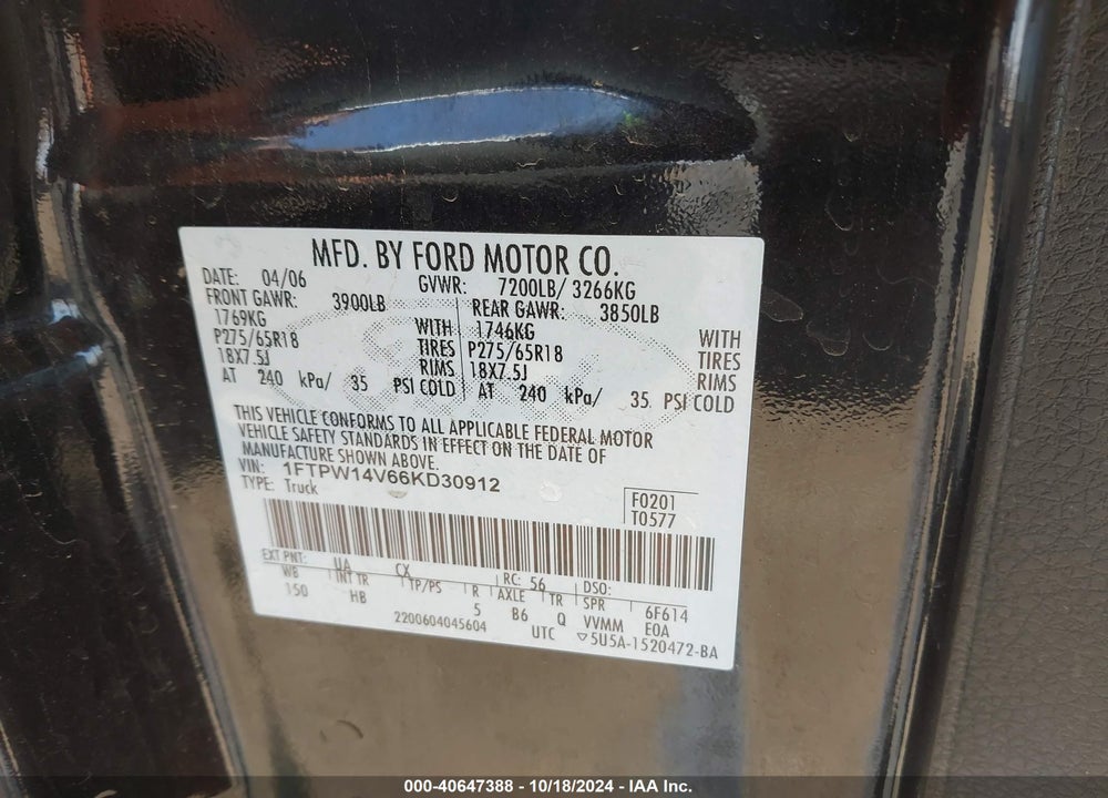 2006 FORD F-150 FX4/LARIAT/XLT VIN: 1FTPW14V66KD30912