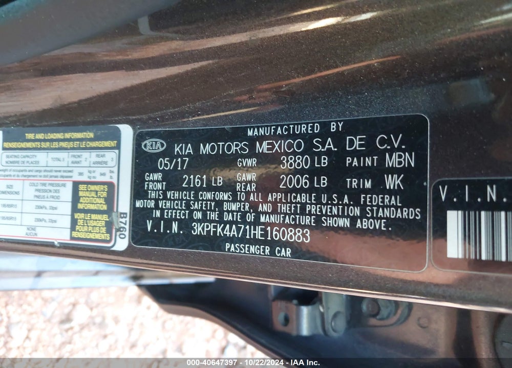 2017 KIA FORTE LX VIN: 3KPFK4A71HE160883