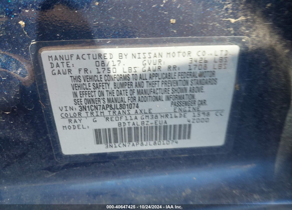 2018 NISSAN VERSA 1.6 SV VIN: 3N1CN7AP8JL801074
